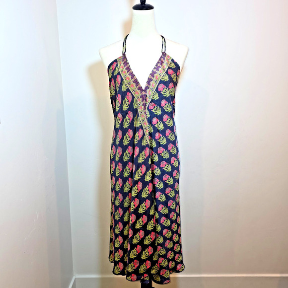 Vintage Silk Halter Neck Dress Large Floral Fringe Open Back Beach Cover Up - Picture 1 of 6